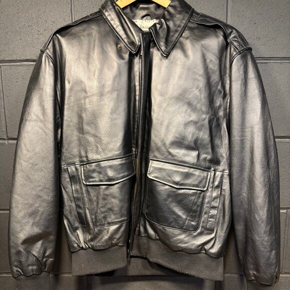 Vintage Scandia Woods Black Leather Jacket Mens Large Full Zip Biker Bomber 90s - Picture 1 of 6